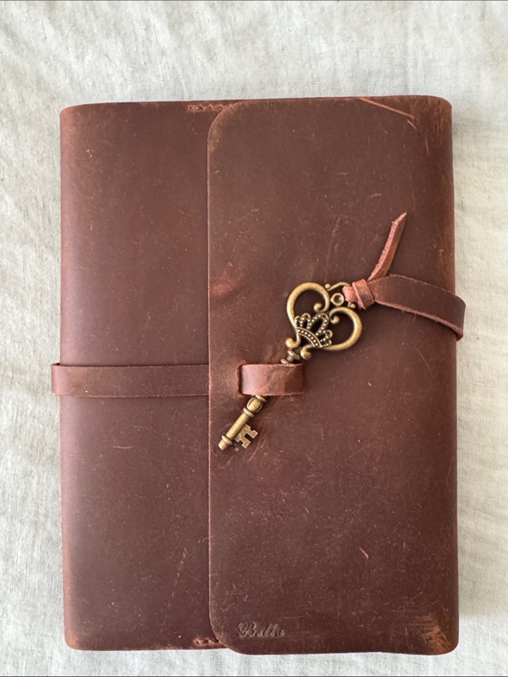 Genuine Brown Leather Handmade Refillable Journal with Key Charm “Bella” Unused
